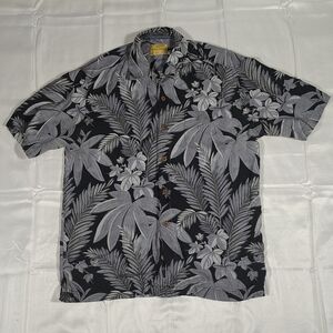 Tommy Bahama Small 100% Silk Hawaiian Floral Button Up Shirt Leaf Tropical Black